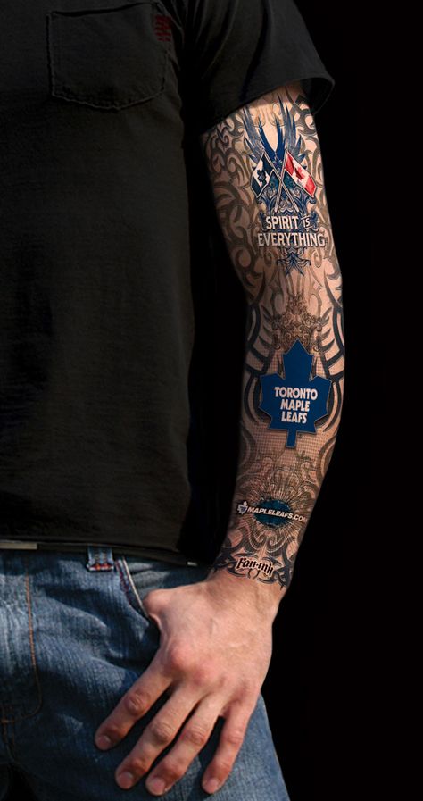 Toronto Maple Leafs Sleeve ink Blackhawks Tattoo, Tat Sleeve, Hockey Tattoo, Canadian Tattoo, Penguin Tattoo, Spirit Tattoo, Leaf Tattoo, Tattoo Sleeves, Real Tattoo