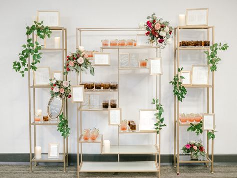 How beautiful are our gold shelves when serving double purpose as seating chart/drink station. Aly Carroll Photography / Honey and Joy Events Seating Chart Shelf Display, Shelf Seating Chart, Taylor And Taylor, Gold Etagere, Romantic Wine, Drink Display, Gold Shelves, Chart Ideas, Drink Bar