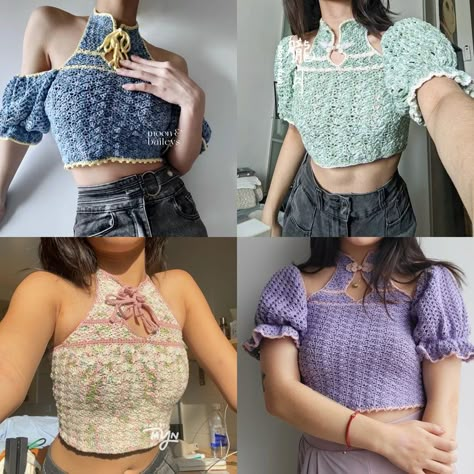 Asian Crochet Patterns, Kpop Idols Crochet Outfits, Nanalan Crochet, Kpop Crochet Outfits, Crochet Cheongsam, Filet Crochet Top, K Pop Crochet, Crochet Top Outfit Ideas, Crochet Set Outfit