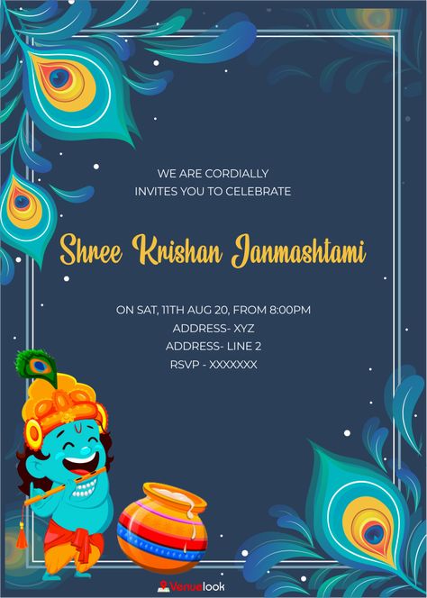 Free Krishna Janmashtami E-Invitations | Premium and Digital Cards | Online Invites - VenueLook Bhajan Invitation Card, Krishna Janmashtami Invitation Card, Janmashtami Card Ideas, Krishna Template, Janmashtami Invitation Card, Shyam Birthday, Janmashtami Invitation, Janmashtami Card, Festivals Illustration