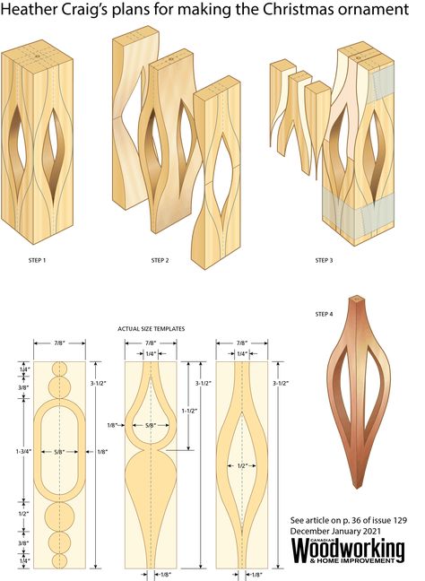 Make an intricate christmas ornament | Canadian Woodworking Canadian Woodworking, Wood Craft Patterns, Simple Wood Carving, Scroll Saw Patterns Free, Small Woodworking Projects, Wood Carving Patterns, Wood Turning Projects, Christmas Wood Crafts, Wooden Christmas Ornaments