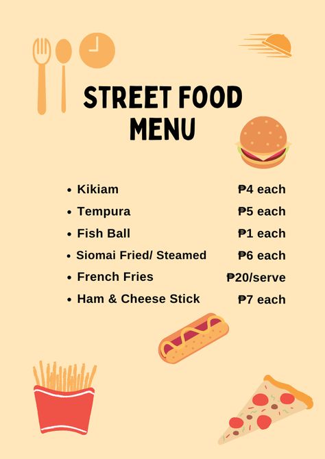 Street Food Menu Street Food Menu Design Ideas, Street Food Menu Design, Business Ideas Philippines, Street Food Business, Street Food Design, Filipino Street Food, Food Business Ideas, Coffee Shop Business, Menu Layout