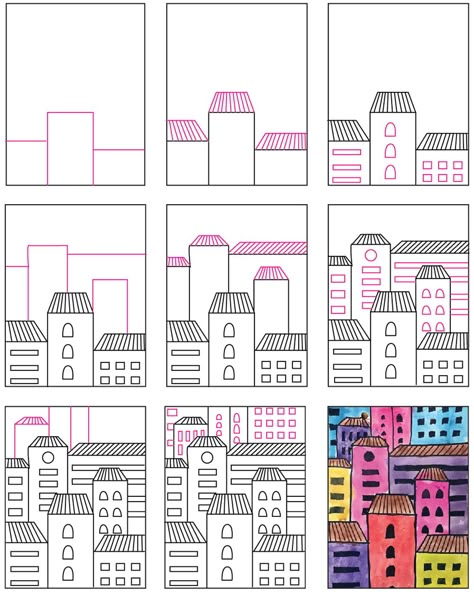 Building Doodle Art, Class Drawing Ideas, Elementary School Art Projects Easy, Drawing Ideas Buildings Easy, Building Art Drawing, Kindergarten Art Worksheets, How To Draw A Building, Building Art Projects, Art Activities For 3rd Graders