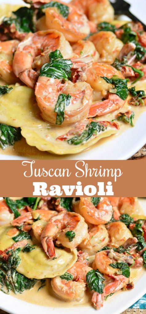 Shrimp Ravioli, Ravioli Dinner, Creamy Tuscan Shrimp, Shrimp Ideas, Spinach And Cheese Ravioli, Shrimp And Spinach, Tuscan Shrimp, Dinner Seafood, Spinach Ravioli