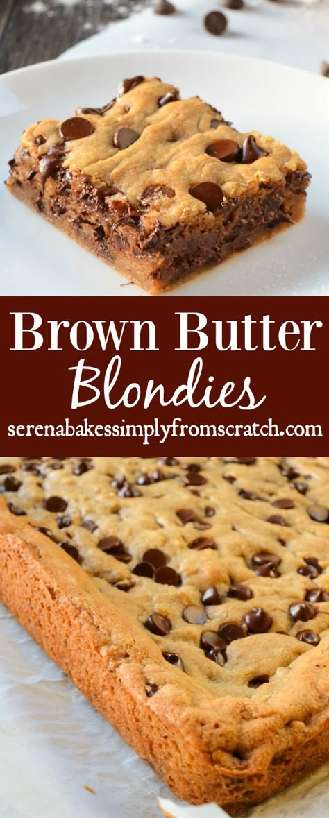 Brown Butter Blondies the perfect combination of a soft chewy brown butter chocolate chip cookie with crispy edges. serenabakessimplyfromscratch.com Browned Butter Cookie Bars, Brown Butter Cookie Bars, Best Blondies Recipe, Brown Butter Blondies, Blondies Brownies, Blonde Brownies, Chocolate Blondies, Brown Butter Chocolate Chip, Sweets Chocolate