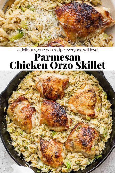 Parmesan Chicken Orzo - a delicious one-pan dinner that is packed with flavor! Made with simple, real ingredients the whole family will love! #chickenorzo #parmesanchickenorzo #parmesanchickenorzorecipes #creamyparmesanrozowithchicken #oneskilletparmesanchickenandorzo Skinnytaste One Pot Chicken And Orzo, Chicken Thigh Orzo Skillet, Parmesan Chicken With Orzo, Chicken Dinner Dishes Healthy, Orzo Entree Recipes, Wooden Skillet Recipes, Chicken Orzo One Skillet, Creamy Chicken With Orzo, One Skillet Parmesan Chicken And Orzo