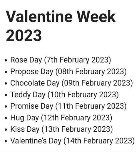 Valentine Week 2023 List, Schedule, Wishes, Quotes, Messages, Gift Ideas @mrparth24 #valentineday #valentine #love #valentines #valentinegift #valentinesday #valentinesdaygift #gift #valentinesgift #happyvalentinesday #handmade #giftideas #gifts #follow #couplegoals #instagood #kadovalentine #art #heart #birthday #chocolate #kadoultah #instagram #like #february #sanvalentino #day #trending #flowers #bouquet Velentain Days 2023, Velentain Days, Trending Flowers, 2023 List, Valentine Week, Valentines Surprise, Heart Birthday, Birthday Chocolate, Propose Day