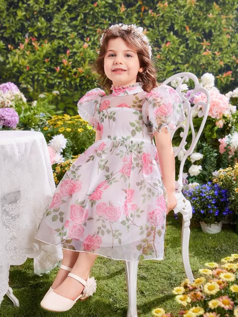 Multicolor Boho Collar Short Sleeve Woven Fabric Floral,All Over Print Fit and Flare Embellished Non-Stretch  Toddler Girls Clothing Frocks For Kids Designer, Short Frocks For Kids, Organza Dress For Kids, Floral Dress For Kids, Organza Frocks For Kids, Kids Dress Design, Floral Frocks For Kids, Organza Kids Frock, Kids Floral Dress