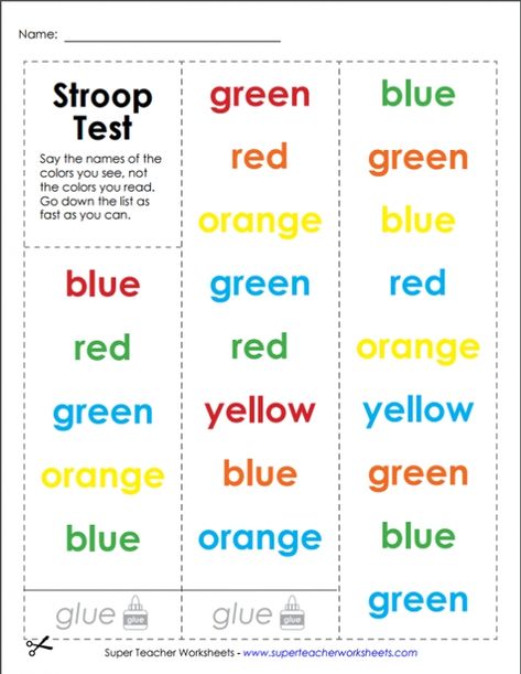 Try out the Stroop Test! This brain game challenges you to say the color of the word instead of the word that is written. Find this and many other brain teasers and puzzles on Super Teacher Worksheets! Attention Span Activities, Printable Brain Teasers, Probability Math, Word Puzzles For Kids, 3rd Grade Fractions, Test For Kids, Boredom Busters For Kids, Game Challenges, Visual Perception Activities