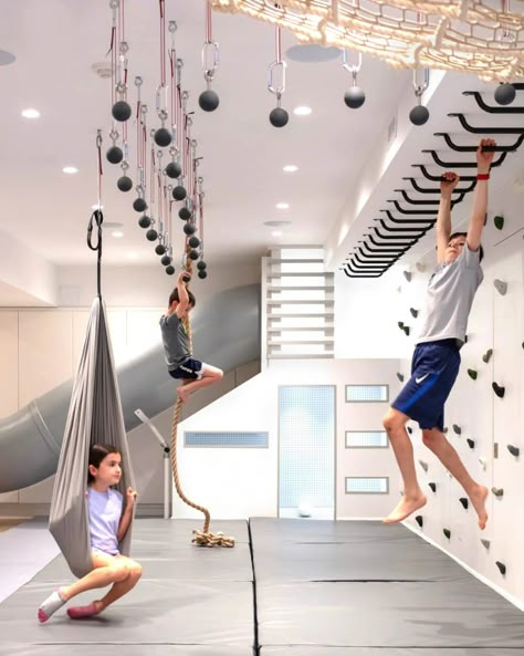 Playroom Basement Ideas, Playroom Basement, Indoor Climbing Wall, Indoor Playroom, Gymnastics Room, Kids Climbing, Basement Playroom, Kids Gym, Kids Basement