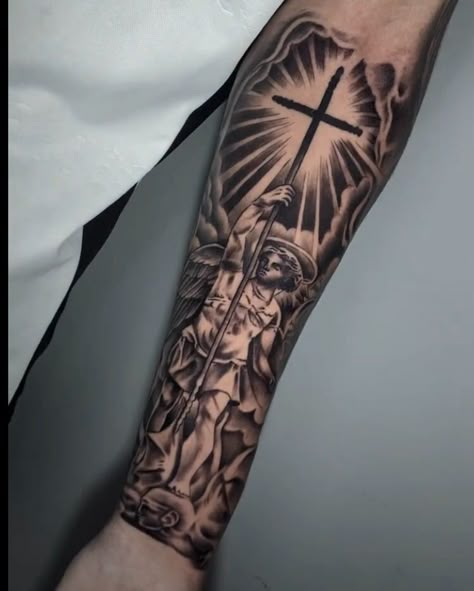 Sistine Chapel Tattoo Sleeve, Cross Upper Arm Tattoo, Guardian Angel Tattoo For Men Forearm, Destined For Greatness Tattoo, Full Forearm Tattoo Men, Quarter Sleeve Tattoo For Men Forearm, St Michael Tattoo Forearm, Guardian Angel Tattoo For Men, Quarter Sleeve Tattoo For Men