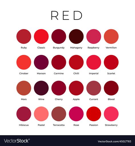 Different Types Of Red Color, Shades Of Colors Colour Palettes, Types Of Red Color Shades, Red Nail Paint Art, Colors That Compliment Red, What Color Goes With Red, Cherry Color Palette, Different Red Shades, What Colors Go With Red