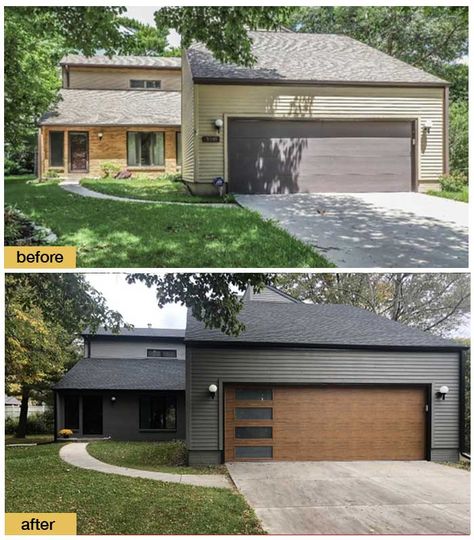 A new wood-look garage door and fresh dark exterior paint scheme gave this 1970s house eye-catching curb appeal with a Mid-Mod vibe. Clopay Modern Steel Collection Ultra-Grain garage door with windows. Modern House Exterior Remodel, Update Old Brick House Exterior, 1970s Home Exterior Update, Contemporary Home Exterior Colors, Updating 90s House Exterior, Front Door Not Facing Street, Mid Mod Exterior, Modernize Exterior Of Home, Modern Siding Ideas Exterior