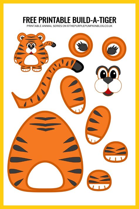 3d Paper Crafts Templates Free Printable Animals, Tiger Template Free Printable, Build An Animal Printable, Tiger Crafts For Preschool, Wild Animals Craft, Animal Templates Printable Free, Wild Animal Craft, Tiger Worksheet, Tiger Activities