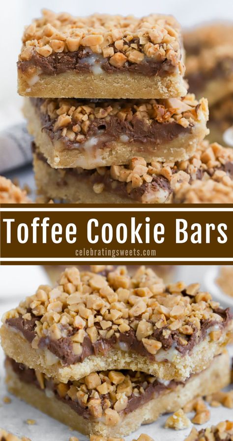 Toffee Desserts Easy, What To Make With Toffee Bits, Spice Dessert Recipes, Easy Bars For Bake Sale, 8x8 Bar Recipes, Toffee Cookies Bars, Toffee Shortbread Bars, Easy Toffee Bars, Easy Cookies For Wedding Cookie Table