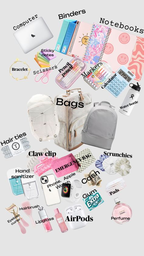 What to bring in your backpack! #vibes #school #bacpack What To Pack In Your Backpack For Middle School, What Should You Have In Your School Bag, Teen Girl Backpack Essentials, Preppy What’s In My Backpack, What To Put In My Backpack, What To Put In A Backpack, Cute School Essentials, What To Bring In Your Backpack, Things To Bring To School As A Girl