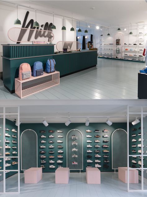 Shoe Stores Design, Shoes Store Design Decor, Shoe Showroom Display, Shop Shoes Design, Shoe Showroom Interior, Shoes Retail Design, Retail Shoe Display Ideas, Urban Store Design, Sneaker Store Design