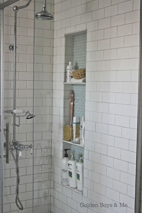 Tile Shower Shelf, Tile Shower Niche, Bathroom Niche, Subway Tile Showers, Master Shower, Bad Inspiration, Tiled Shower, Shower Niche, Trendy Bathroom