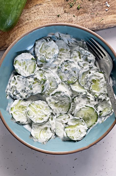 Mizuna Salad, Cucumber Salad Mozzarella, Cucumber Salad With Mayo And Sour Cream, Mizeria Cucumber Salad, Creamy Cumcuber Salad, Brazilian Dishes, Easy Weekday Meals, Creamy Cucumber Salad, Creamy Cucumbers