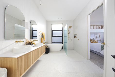 The Block 2020: Week 5 — Bedroom and bathroom reveal - Style Curator Dark Grey Laminate Flooring, Brown Laminate Flooring, Reece Bathroom, Grey Laminate Flooring, Scandinavian Tile, Eclectic Tile, Entry Tile, Brick Look Tile, Engineered Timber Flooring