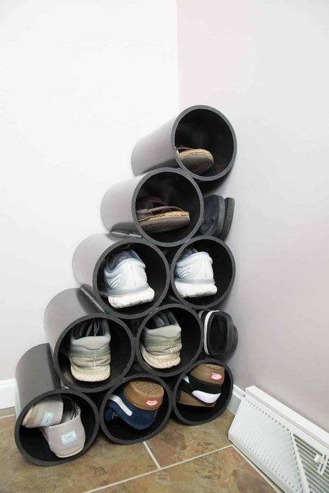 DIY PVC Shoe Rack Storage Idea - The DIY Nuts Pipe Shoe Rack, Pvc Shoe Racks, Pipe Diy Projects, Small Closet Shelving, Diy Shoe Rack Ideas, Shoe Storage Design, Entryway Diy, Shoe Organization, Shoe Rack Storage