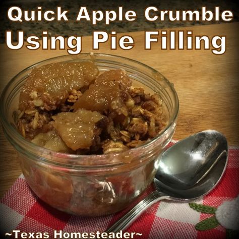 Apple Crumble Recipe using apple pie filling. You can use any flavor you like - homemade or purchased. Come see my easy recipe. #TexasHomesteader Easy Apple Crumble With Pie Filling, Apple Pie Filling Apple Crisp Recipe, Apple Crisp Recipe Using Canned Pie Filling, Can Apple Crisp Recipe, Apple Crisp Recipe With Canned Apples Pie Fillings, Apple Crisp From Canned Pie Filling, Apple Crisp Using Apple Pie Filling, Apple Crisp Made With Apple Pie Filling, Recipes For Canned Apple Pie Filling