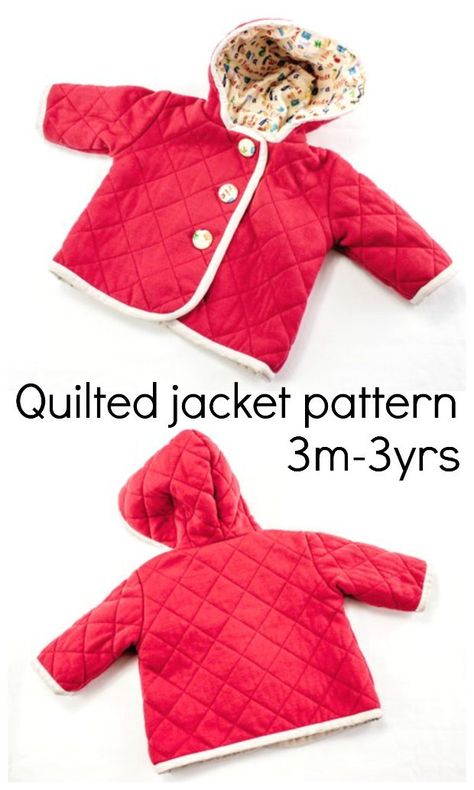 Sewing pattern for a babies quilted jacket coat with hood. Such a cute lightweight quilted coat for babies 3m-3years. Easy sewing pattern for sewing baby clothes. #BabyCoatPattern #BabyJacketPattern #BabyClothesToSew #SewingForBabies #ToddlerCoatPattern #ToddlerJacketPattern Baby Winter Sewing Patterns, Infant Patterns Sewing, Sewing Childrens Clothes, Gilet Pattern, Girls Jacket Pattern, Kids Quilted Jacket, Quilted Jacket Pattern, Baby Jackets Pattern, Quilted Coats