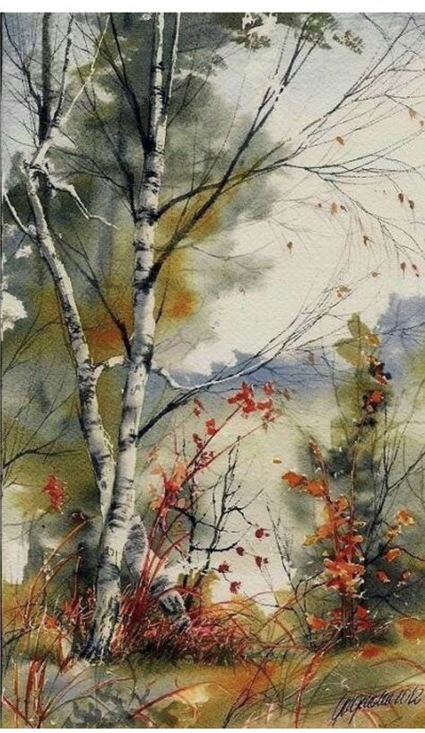 Tree Watercolor Painting, Birch Tree Art, Abstract Tree Painting, Trees Painting, Watercolor Art Landscape, Watercolor Paintings Nature, Watercolour Inspiration, Landscape Art Painting, Fall Watercolor