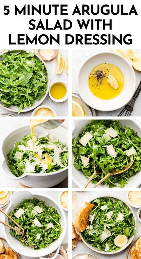 This easy arugula salad is ready in just five minutes! Shake some olive oil, lemon juice, and dijon mustard together in a jar for a quick dressing, then toss it all up with plenty of fresh arugula and parmesan cheese. Mix it up by adding your favorite cheeses (we like blue cheese, feta, or goat cheese, protein like chicken or salmon, or extra fruits and veggies like avocado, beets, strawberries, or tomatoes. This is a perfect blank canvas salad for a quick, healthy side dish! Vegetarian. Arugula Side Dish, Grimaldis Lemon Arugula Salad, Salmon With Arugula Salad, Goat Cheese Arugula Salad, Arugula Chicken Salad, Arugula Salad With Lemon Vinaigrette, Lemon Arugula Salad, Easy Arugula Salad, Arugula Salad Dressing