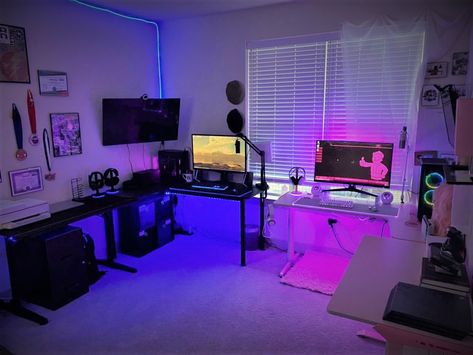 Two Desk Gaming Setup, Husband And Wife Gaming Room, Bf And Gf Gaming Setup, Double Gaming Room, Gaming Room 2 People, His And Her Game Room, Gaming Room For Couples, Couple Desk Setup, Gaming Room Couple