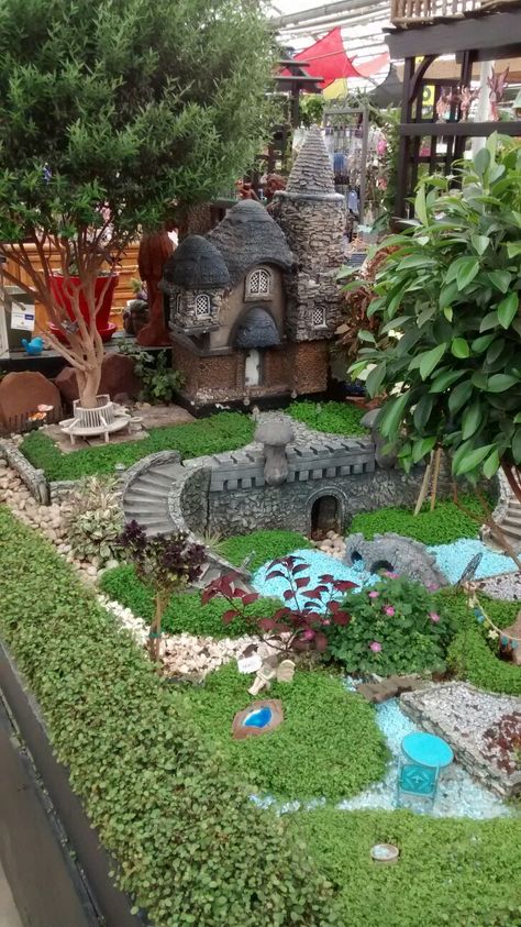 Large fairy garden using all real plants. Real Life Fairy Garden, Fairy Garden Layout Ideas, Fairy Tale Garden Ideas, Big Fairy Garden, Large Fairy Garden Ideas, Castle Diorama, Indoor Mini Garden, Large Fairy Garden, Fairy Pots