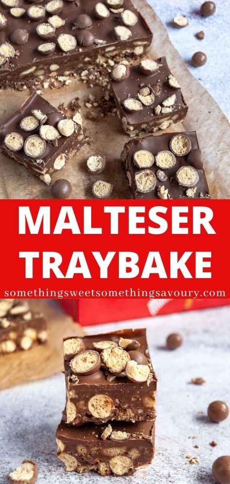 This Malteser traybake is incredibly popular with people of all ages!  An easy no bake slice with milk chocolate, crushed biscuits and lots of crunchy Maltesers!  #maltesertraybake #nobakemaltesertraybake #malteserslice #maltesertiffin #nobakemalteserslice, No Bake Malteser Slice, Malteaser Slice, Malteser Tray Bake, No Bake Slice, Malteser Slice, Rich Tea Biscuits, Slice Recipes, No Bake Slices, Maltese Recipes