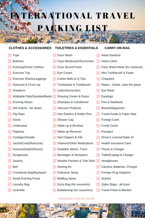 Around The World Packing List, International Carry On Packing List, International Trip Checklist, Paris In 3 Days Travel Guide, 3 Week Packing List, Overseas Packing List, International Travel Packing List, International Checklist Travel, Plane Bag