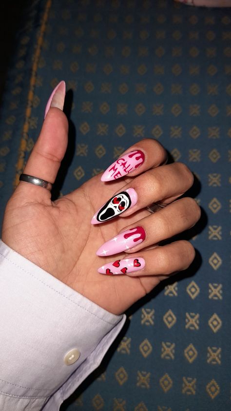 Horror Valentines Day Nails, Horror Nails Almond, Halloween Nails Scary Movie, Ghostface Nails Almond, Horror Character Nails, Witchy Valentines Nails, Witchy Spring Nails, Scream Nails Almond, Halloween Drip Nails