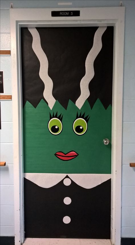 Bride of Frankenstein More Frankenstein Classroom Door, Frankenstein Door Decoration, Fall Door Decorating Contest Ideas, Easy Halloween Door Decorations, Halloween Door Decorations Classroom, Halloween Doors, Diy Halloween Door Decorations, Halloween Classroom Door, Halloween Classroom Decorations