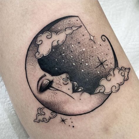 Moon Pinup Tattoo, Trippy Moon Tattoo, Moon And Skull Tattoo, Moon Tattoo Face, Man In The Moon Tattoo, Crescent Moon Face Tattoo, Moon Tattoo With Face, Luna Tattoo Design, Moon Tattoo Traditional