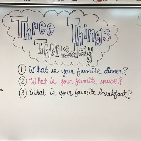 What’s your favorite? Three Things Thursday, Thursday Morning Message Classroom, Thursday Writing Prompts, The Answer Is What Is The Question, Thursday Question Of The Day Classroom, Morning Whiteboard Messages, Thursday Board Prompt, Question Of The Day Middle School, White Board Ideas Classroom