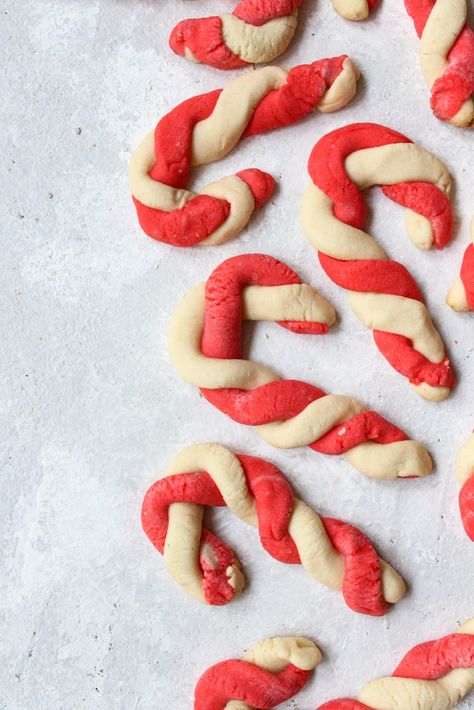 Candy Cane Shortbread Cookies - Sweets by Elise Candy Cane Shaped Cookies, Candy Cane Shortbread Cookies, Red Food Dye, Candy Cane Cookies, Shaped Cookies, Festive Cookies, Shortbread Recipes, Peppermint Cookies, Butter Cookie