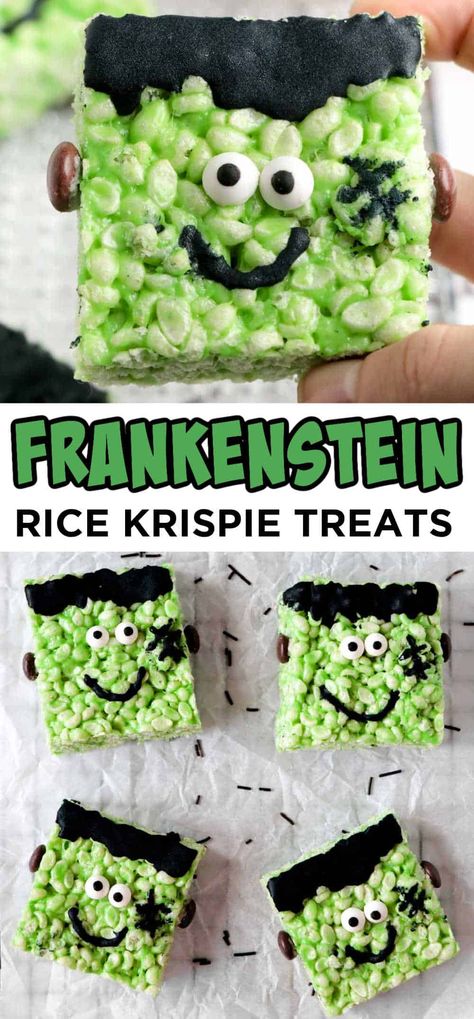 Easy Frankenstein Rice Krispie Treats For Halloween Rice Krispie Treats Decorated, Frankenstein Rice Krispie Treats, Halloween Rice Crispy Treats, Halloween Rice Krispie Treats, Pasteles Halloween, Halloween Finger Foods, Kids Party Snacks, Snacks Kids, Kids Halloween Food