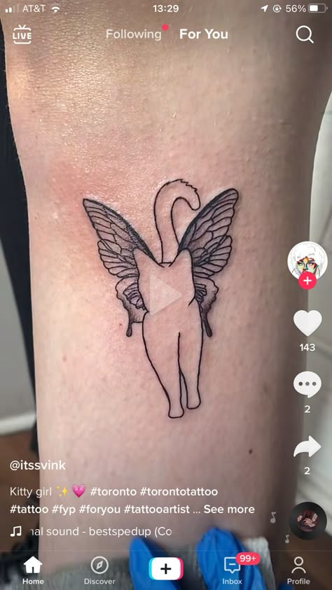 Cat With Butterfly Wings Tattoo, Childish Tattoo Ideas, Sun Cat Tattoo, Butterfly Cat Tattoo, Cat With Angel Wings Tattoo, Angel Cat Drawing, Cat Butterfly Tattoo, Cat And Butterfly Tattoo, Fluffy Cat Tattoo