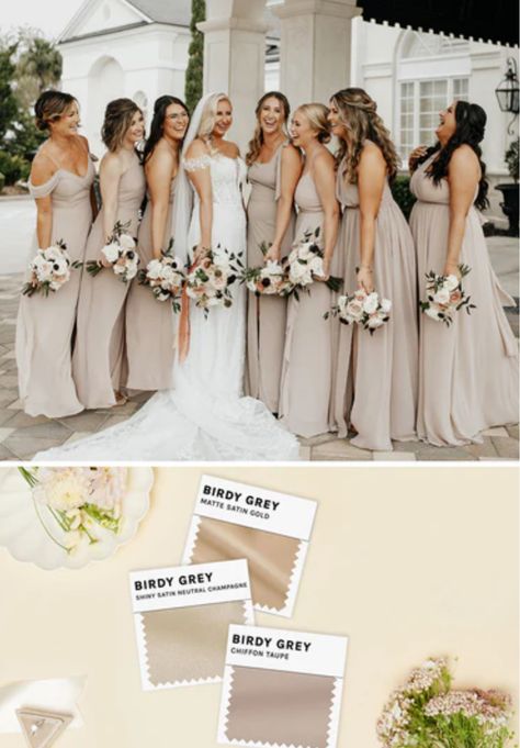 Neutral Shades Bridesmaid Dresses, Taupe Wedding Color Palette, Taupe Wedding Party, Taupe Wedding Theme, Taupe Wedding Colors, Bridal Party Colors, Bridal Parties Colors, Taupe Wedding, White Wedding Theme