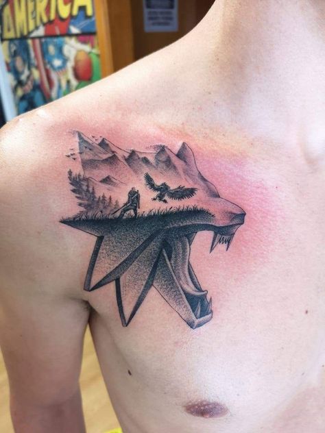 Witcher Tattoo Wolf, The Witcher Tattoo Design, Witcher Wolf Tattoo, Witcher Tattoo Design, Witcher 3 Tattoo, The Witcher Tattoo Ideas, Witcher Tattoo Ideas, Witcher Tattoos, Video Game Tattoo Ideas