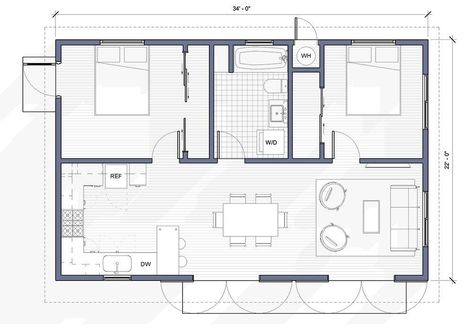 750 sq. ft. 2 Bedroom, 1 Bath Standard ADU Plan for Los Angeles Adu Designs, 2 Bedroom Apartment Floor Plan, Adu Plans, 2 Bedroom Floor Plans, Apartment Floor Plan, Accessory Dwelling Unit, Apartment Floor Plans, Tiny House Floor Plans, Apartment Layout