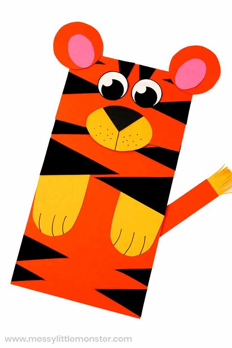 Paper Bag Puppet Tiger Craft - Template Included! Tiger Puppet, Toddler Car Activities, Tiger Craft, Easy Paper Crafts For Kids, Famous Artists For Kids, Diy Toys Car, Bag Puppet, Duck Crafts, Lion Craft