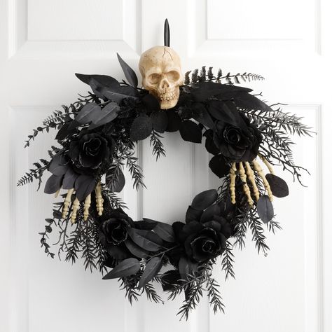 Black Faux Floral and Skeleton Wreath - World Market Diy Wreaths For Front Door Halloween, Goth Porch Decor, Halloween Reefs Front Doors, Black Wreath Halloween, Halloween Wreath Ideas, Creepy Candles, Skeleton Wreath, Skull Wreath, Spooky Wreath