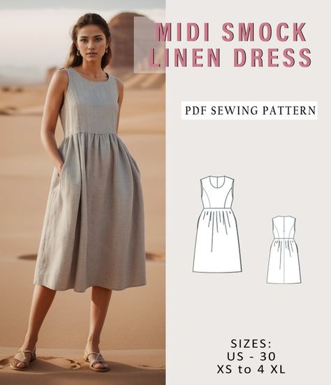 YSpatterns - Etsy Canada Tiered Midi Dress Pattern, Jumper Dress Sewing Pattern, Sun Dress Sewing Pattern, High Waisted Dress Pattern, Easy Sew Dresses For Women, Linen Dress Pattern Sewing, Beginner Dress Sewing Pattern, Linen Dress Pattern Free, Simple Dress Patterns