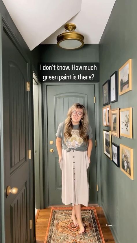 Green paint galore by @olivebranchcottage 💚 ______________ #beforeandafter #home #architectures #design #decoration #architect #homedecor … | Instagram Black Interior Doors Green Walls, Passage Colour Ideas, Small Dark Closet, Green Cabinets Living Room, Valspar Flora Green, Tiny Hallway Decor, Flora By Valspar, Flora Valspar, Dark Green Interior Doors