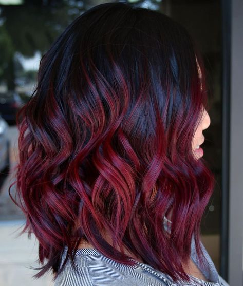 Glossy Black And Burgundy Hair Burgundy Hair, Color Rojo, Balayage, Black Hair, Red, Hair, Black, Color