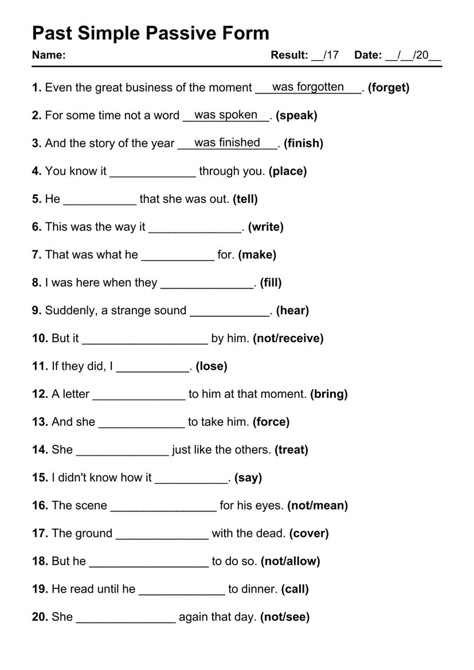 Past Simple Passive Exercises PDF Worksheet with Answers - Test 1 Passive Voice Past Simple Worksheet, Past Simple Passive Worksheet, Active To Passive Exercises, Passive Voice Worksheet With Answers, Past Passive Worksheet, Passive Exercises, Past Tense Worksheet, English Grammar Pdf, English Tenses