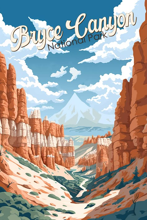 Retro art poster of Bryce Canyon National Park in Utah showcasing hoodoos and majestic vistas. Utah Poster, Western Landscape Art, Bryce Canyon National Park Poster, Vintage National Park Posters, Utah State Parks, Wild West Theme, National Parks America, Travel Poster Design, Park Trails